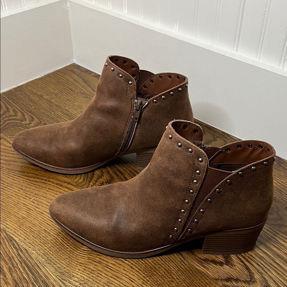 MIA Chocolate Brown Faux Leather Pointed Toe Studded Ankle Boots - Size 10
